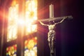 Sacred Moment Crucifixion of Jesus on the Cross in Church with Divine Ray of Light from Stained Glass. created with Generative AI Royalty Free Stock Photo