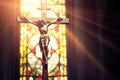 Sacred Moment Crucifixion of Jesus on the Cross in Church with Divine Ray of Light from Stained Glass. created with Generative AI Royalty Free Stock Photo