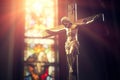 Sacred Moment Crucifixion of Jesus on the Cross in Church with Divine Ray of Light from Stained Glass. created with Generative AI Royalty Free Stock Photo