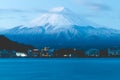 Sacred mountain of Fuji on top covered with snow in Japan. Royalty Free Stock Photo