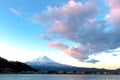 Sacred mountain of Fuji on top covered with snow in Japan. Royalty Free Stock Photo