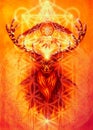 Sacred ornamental deer spirit with dream catcher symbol and feathers and merkaba and flower of life.