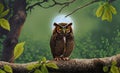 A sacred owl on branch with green leaves with full moon in wild, AI generated