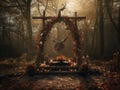 Sacred pagan altar in a forest. Burning candles, deer antlers, wood steps and sacrifice