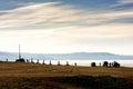 Sacred place with obo. Winter landscape of Mongolia. Lake Khubsugul and mountain