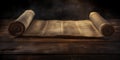 Sacred Scroll Resting on a wooden surface, an unrolled parchment reveals the Torah or Pentateuch Royalty Free Stock Photo