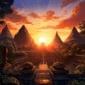 Sacred Sunrise - First light breaking behind an ancient temple