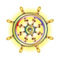 Sacred symbol, Golden Dharma wheel icon. Holy Buddhism sign. Dharmachakra spiritual. Vector illustration innermost