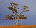 Sacred tree for worship, pine with colorful ribbons Hadak on sky background, island Olkhon, Baikal, Russia, illustration simulates