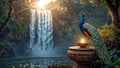 Sacred Waterfall Scene with Peacock Royalty Free Stock Photo