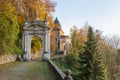 Sacred way at sunset. Sacro Monte di Varese, Italy, UNESCO site Royalty Free Stock Photo