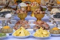 Sacrificial offering food for pray to god and memorial to ancestor, Bangkok, Thailand. Traditional offerings to gods with food,