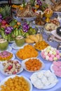 Sacrificial offering food for pray to god and memorial to ancestor, Bangkok, Thailand. Traditional offerings to gods with food,