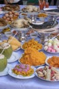 Sacrificial offering food for pray to god and memorial to ancestor, Bangkok, Thailand. Traditional offerings to gods with food,