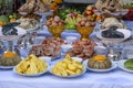 Sacrificial offering food for pray to god and memorial to ancestor, Bangkok, Thailand. Traditional offerings to gods with food,