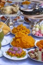 Sacrificial offering food for pray to god and memorial to ancestor, Bangkok, Thailand. Traditional offerings to gods with food,