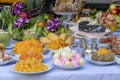 Sacrificial offering food for pray to god and memorial to ancestor, Bangkok, Thailand. Traditional offerings to gods with food,