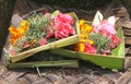 Sacrificing flowers in a Hindu temple,Bali, Indonesia Royalty Free Stock Photo