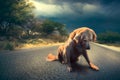 Sad, abandoned dog in the middle of the road /high contrast image Royalty Free Stock Photo