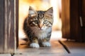 Sad abandoned hungry kitten with sad look sitting in the street. Dirty little stray kitty cat outdoors