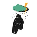 Sad abstract creature sits under rain clouds. Concept of depression, sorrow and negative emotions