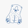 Sad adorable baby polar bear hand drawn with blue contour lines. Cute drawing of unhappy lonely cartoon little Arctic