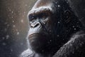 Sad African gorilla in snowfall outdoors, close-up portrait.