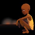 Sad African refugee child boy in a poor dress on war lightning background Royalty Free Stock Photo