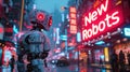 Sad AI robot looks at neon store sign of New Robots on cyberpunk city street, futuristic town with red and blue light. Concept of