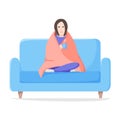 Sad alone woman sitting wrapped blanket on sofa. Depressed and tired girl with hot drink. Self isolation concept. Flat