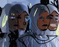 Sad and angry religious women with hijab on head. Group of muslim females with white clothes. Expressionism illustration for print