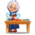 Sad animated old lady glued up the broken Christmas toys isolated on a white background. Sketch of Christmas festive