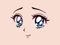 Sad anime face. Manga style big blue eyes, little nose and kawaii mouth. Tears in her eyes Royalty Free Stock Photo