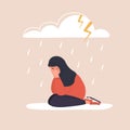 Sad arab woman sitting under rainy cloud. Depressed teenager in hijab crying. Mood disorder concept. Unhappy girl needs