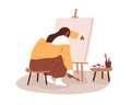 Sad artist at blank canvas. Creative crisis and burnout concept. Depressed uncreative woman painter with lack of ideas