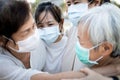 Sad asian family wearing medical mask crying,suffer from grief,great loss of her family infected,fight the Covid-19,Coronavirus