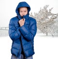 Sad Asian man in Blue Royalty Free Stock Photo