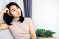 Sad Asian woman over thinking lonely , unhappy with mental health, bad situation concept