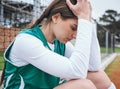 Sad, athlete and fail in sports, game or woman with stress, anxiety or frustrated with performance in competition. Match Royalty Free Stock Photo