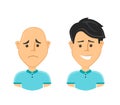 Sad bald man and a happy man with a beautiful luxuriant long hair. Vector design flat cartoon character illustration. Isolated