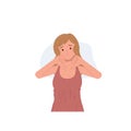 sad Beautiful blonde hair woman making thumbs down sign with both hands. Doslike , unhappy ,unsatisfied. Flat vector cartoon