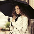 Sad beautiful fashion woman with umbrella on city street Royalty Free Stock Photo