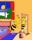 Sad bee is looking at the mirror in her room cartoon illustration