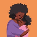 Sad black woman hugging a little frustrated preschool child. American loving mother.