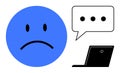 Sad Blue Face with Chat Bubble and Laptop Representing Online Communication Challenges Royalty Free Stock Photo