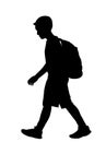 Sad boy with backpack going to school vector silhouette illustration. Back to school, kid walking, education trouble.