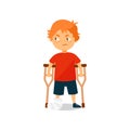 Sad boy with broken leg standing with crutches vector Illustration on a white background Royalty Free Stock Photo