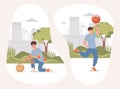 Boy with body pains trying to take ball, happy active man playing with basketball in city park vector flat illustration.