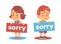 Sad boy and girl hold up sign with word sorry on it. Kids with banners. Frustrated crying children feeling guilty after Royalty Free Stock Photo