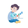 Sad Boy Hugging Toy Dog with Falling Graph Blocks Illustration Royalty Free Stock Photo